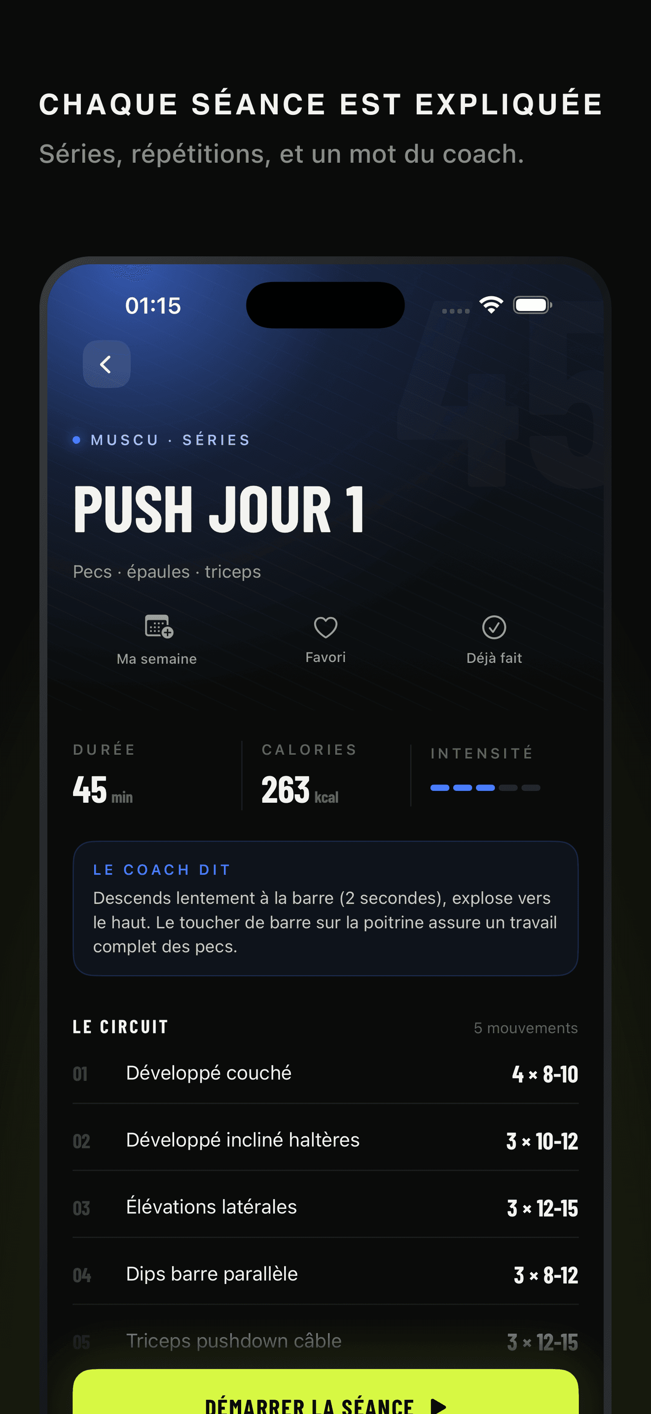 Aucune séance n'est improvisée. Le circuit, les séries, le conseil du coach — fiche séance de Volta.