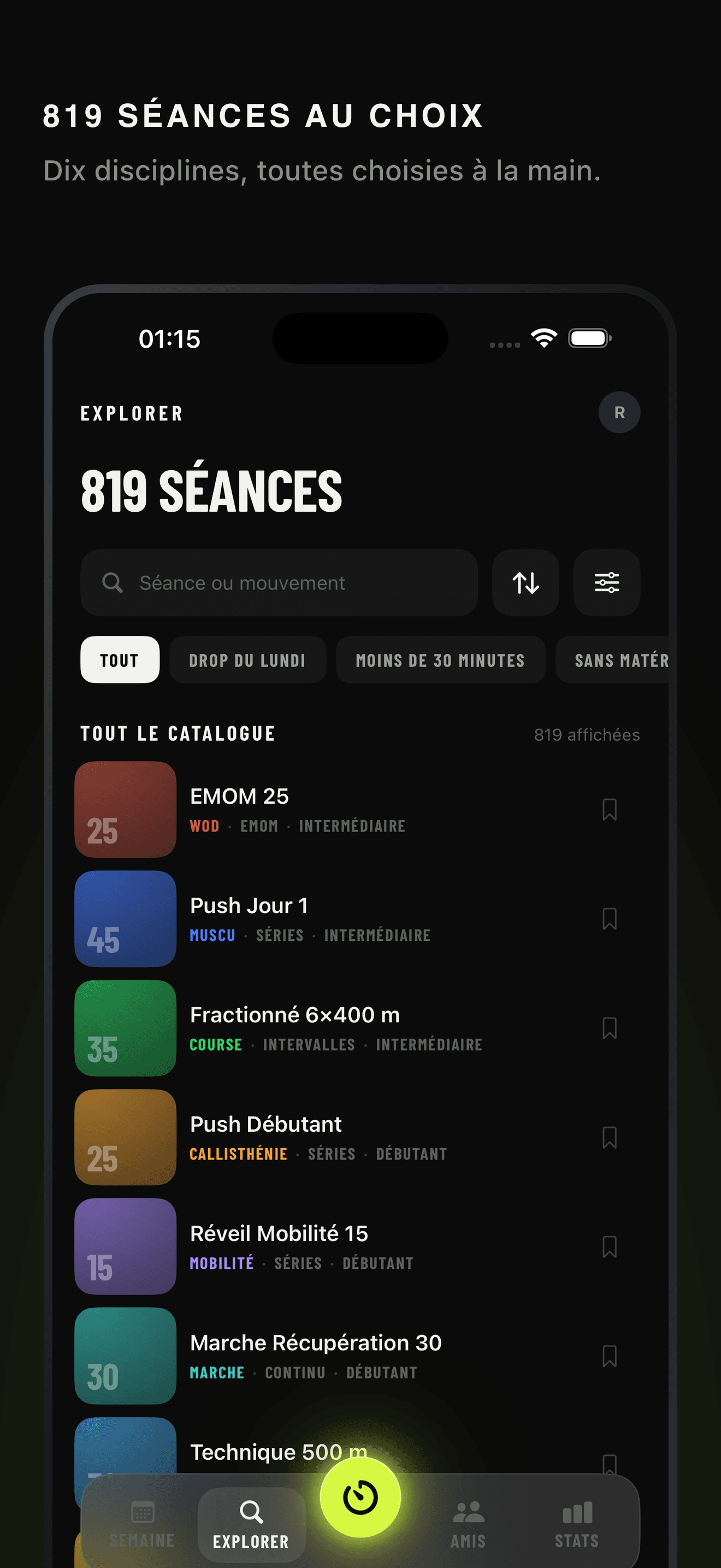 Tous tes sports, une seule semaine. 10 disciplines dans un seul plan cohérent — écran Explorer de Volta, 819 séances.