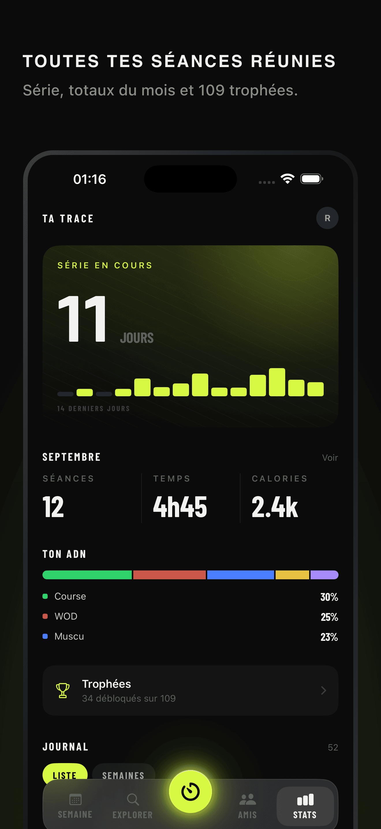 La série, c'est ce qui compte. Ta régularité, ton ADN, 109 trophées à débloquer — écran Stats de Volta.